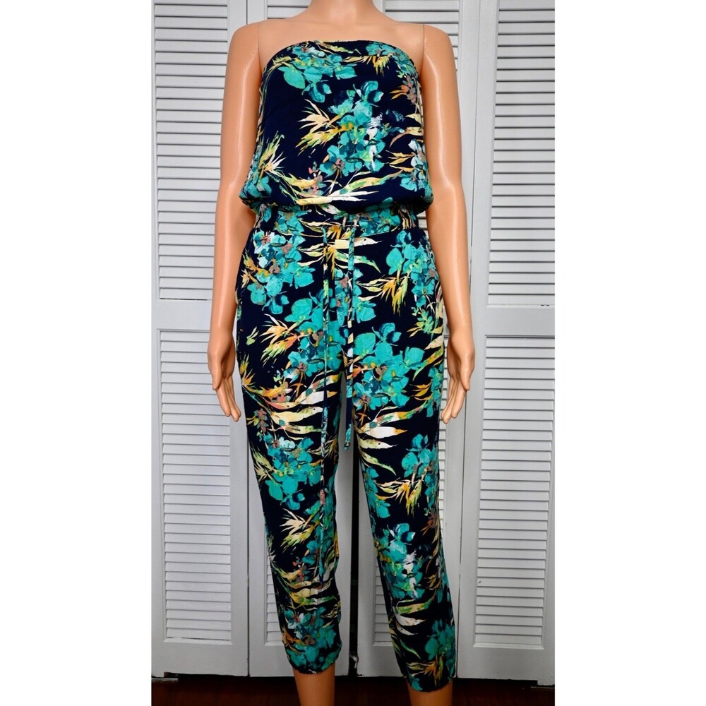 Mudd Women’s Strapless Floral Jumpsuit Blue Tropical Rayon Size S Boho Capri